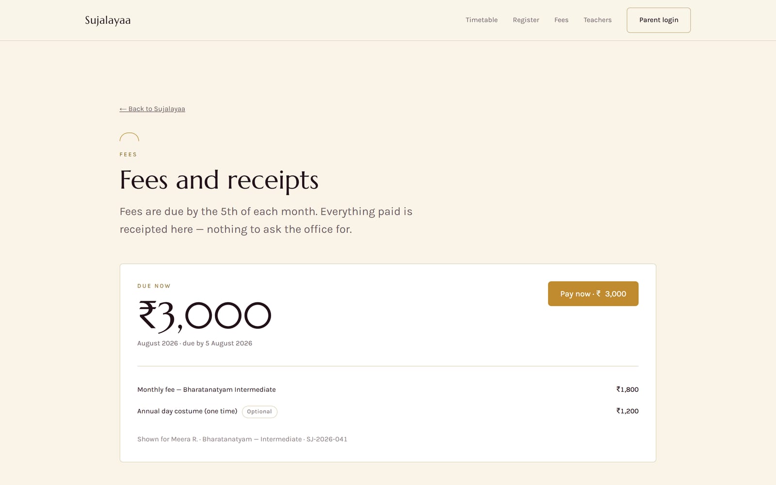 Fees page showing the amount due this month itemised, with a pay button and past receipts
