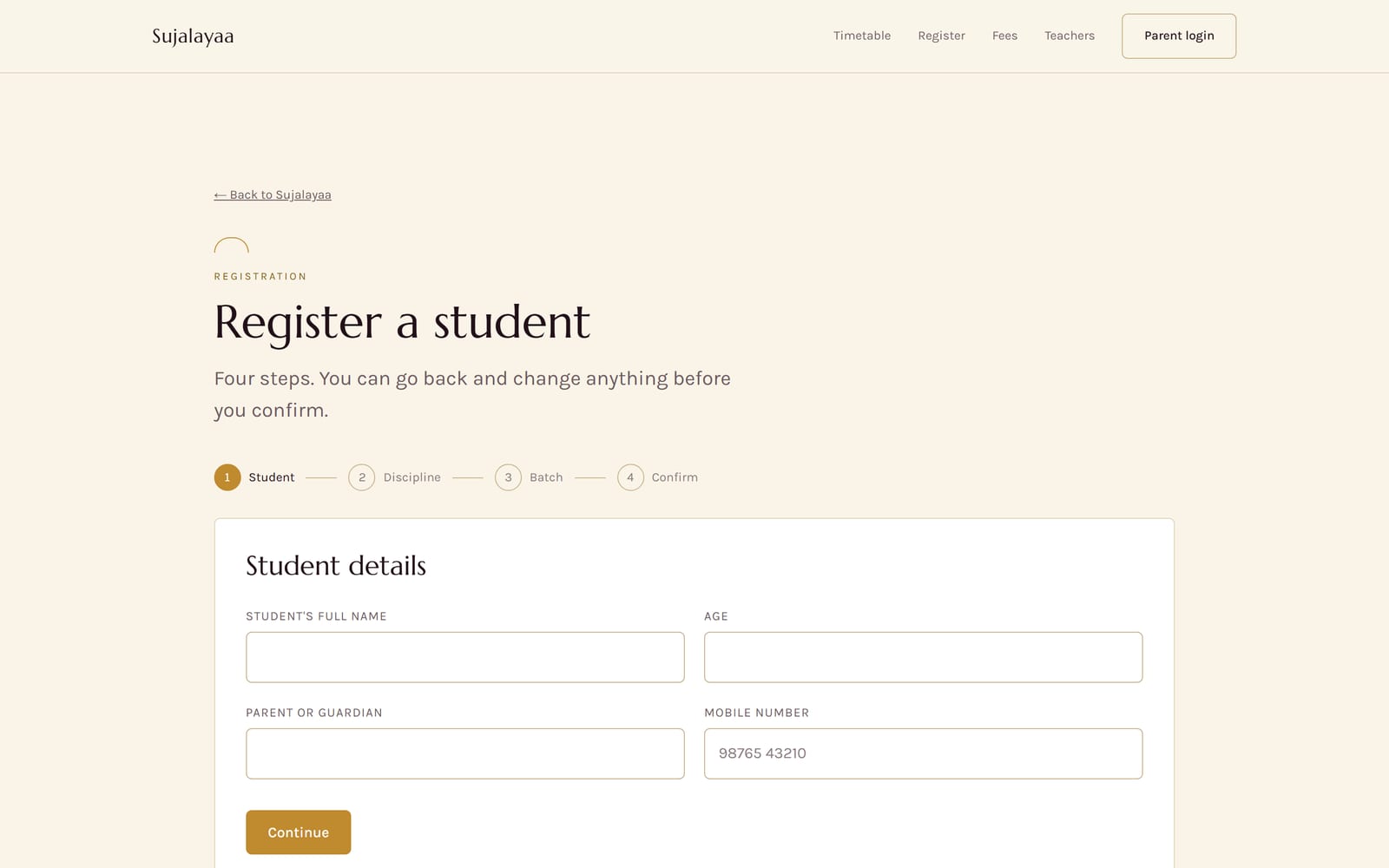 Multi-step registration form asking for student details before discipline and batch