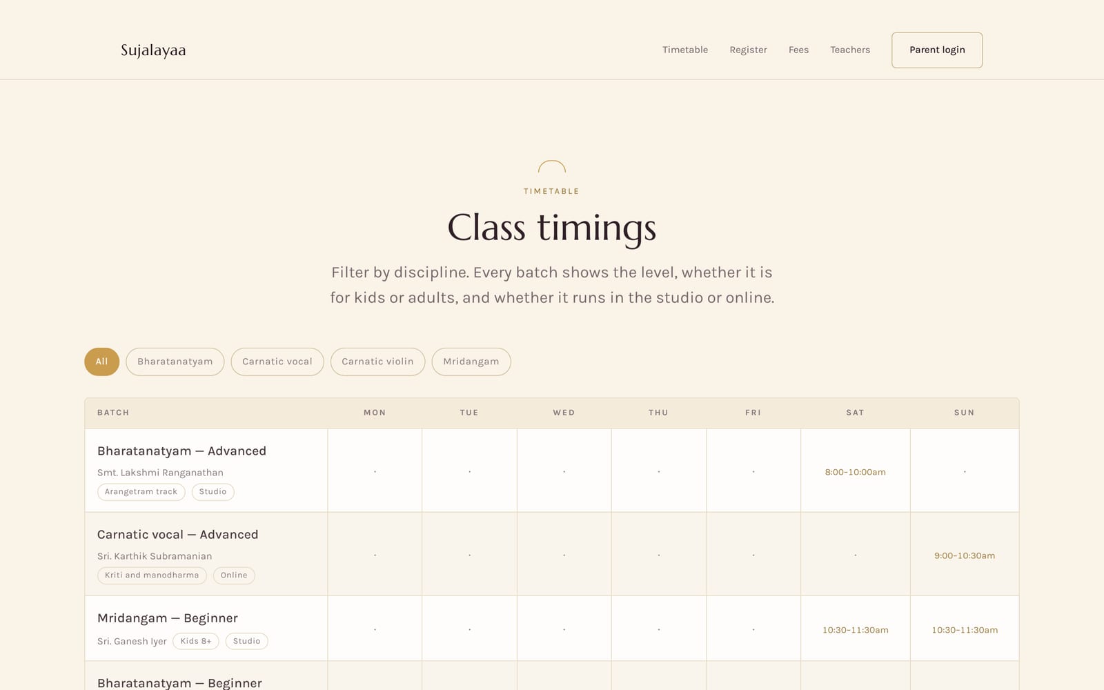 Class timetable filtered by discipline, showing each batch with its level, timing and whether it runs in the studio or online