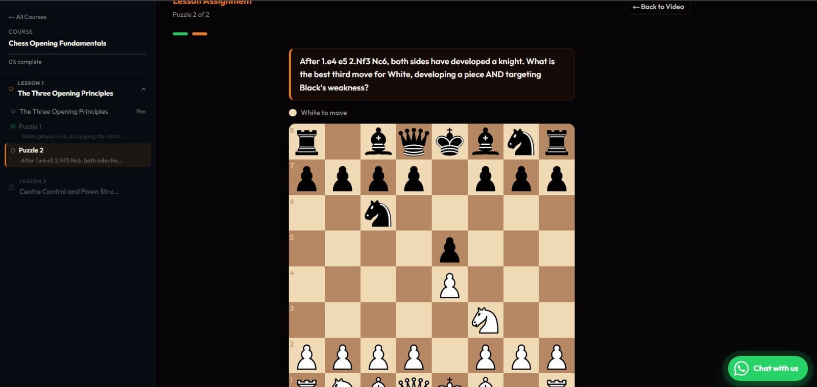 Self-paced course player showing a lesson puzzle on a chessboard with the question above it