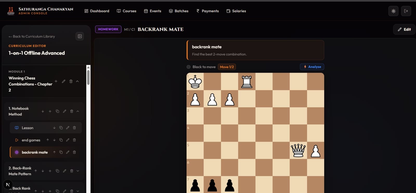 Curriculum editor with a module tree on the left and a homework chess puzzle open on a board