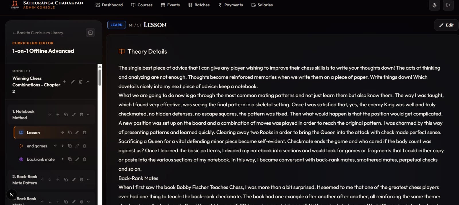 The same curriculum editor showing a theory item with the lesson text open