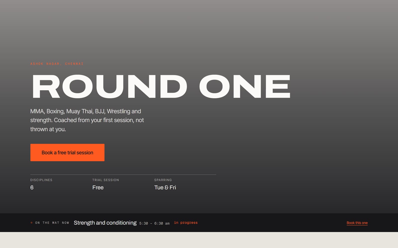 Club home page with one call to action to book a free trial, and a strip along the bottom naming the class on the mat right now