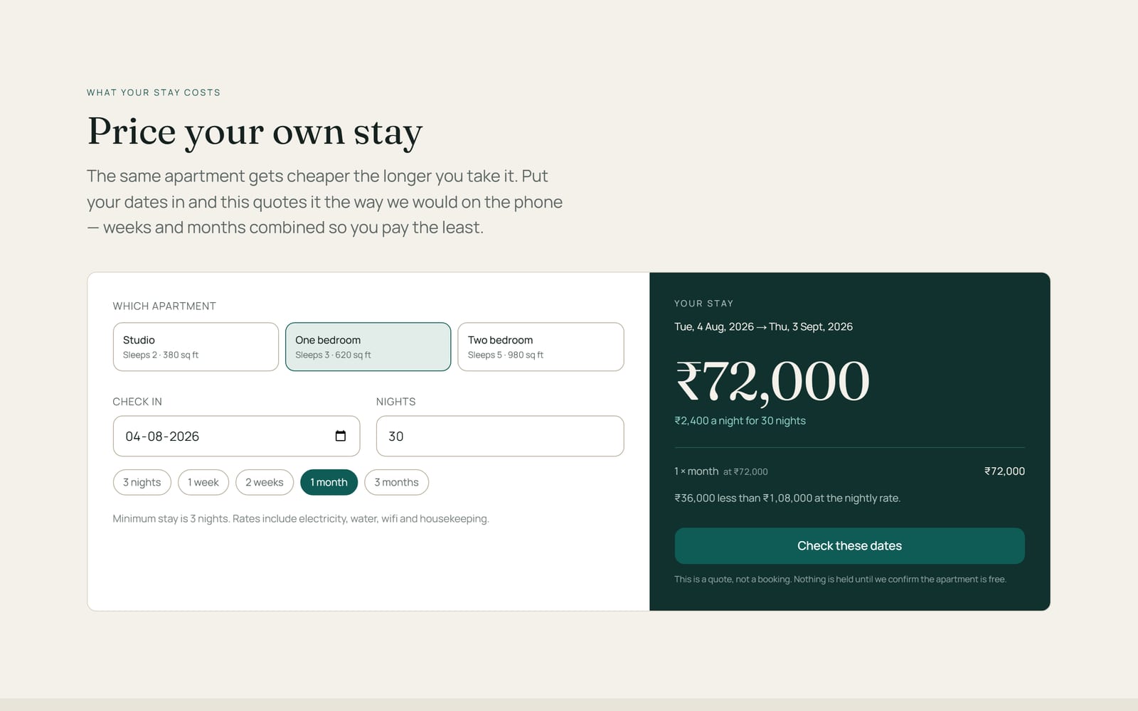 Stay calculator with an apartment, a check-in date and a night count on the left, and the quote broken down on the right