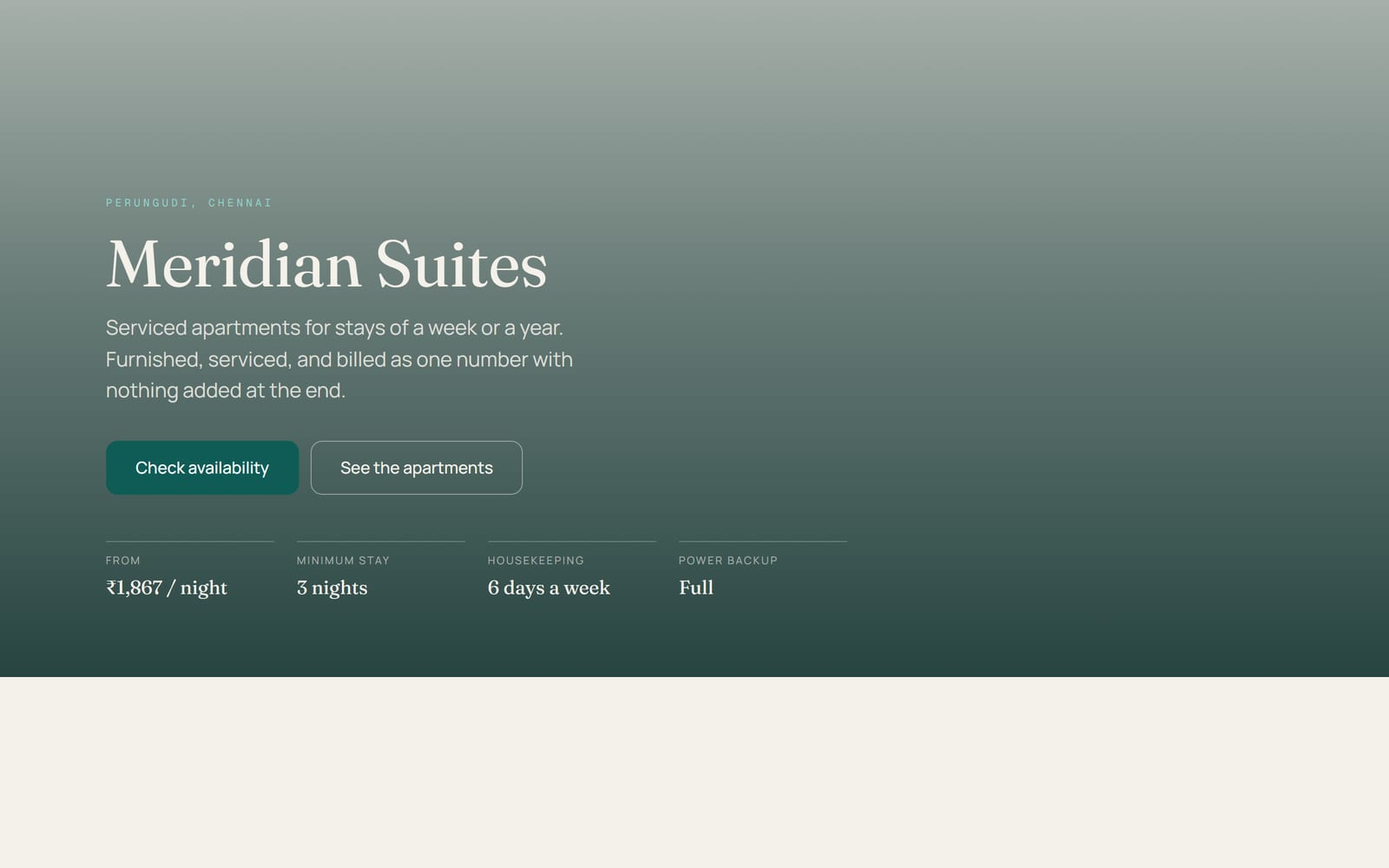 Home page of the serviced apartment site with the from-rate, minimum stay, housekeeping and power backup stated under the hero